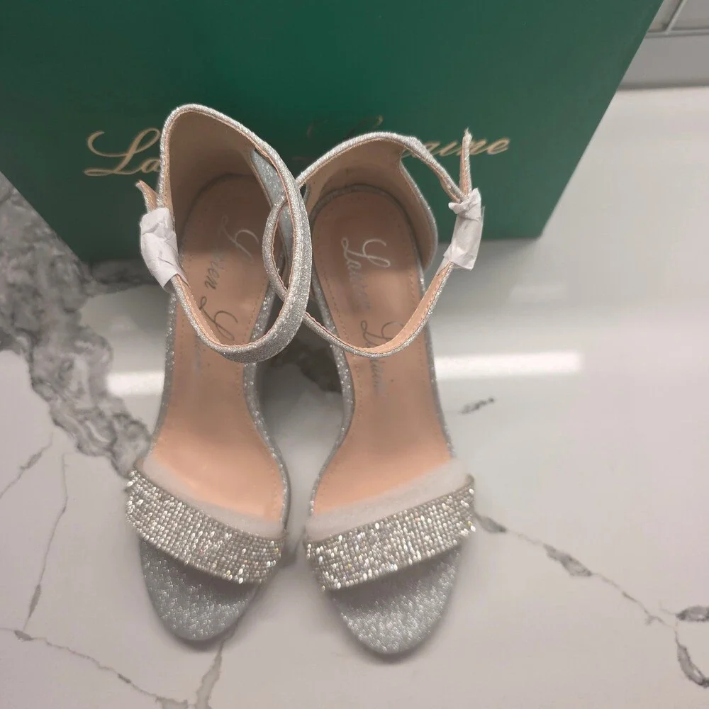 Lauren Lorraine Shimmer Womens Silver Wedge Sandals Rhinestone Ankle Strap Heels